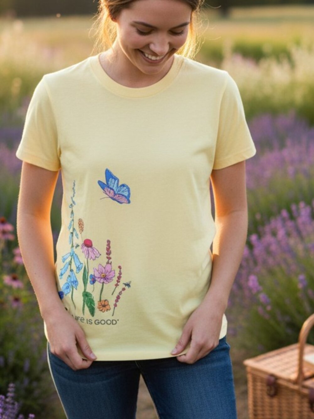Life is Good Butterflies and Wildflowers W's Crusher Crew Tee Shirt